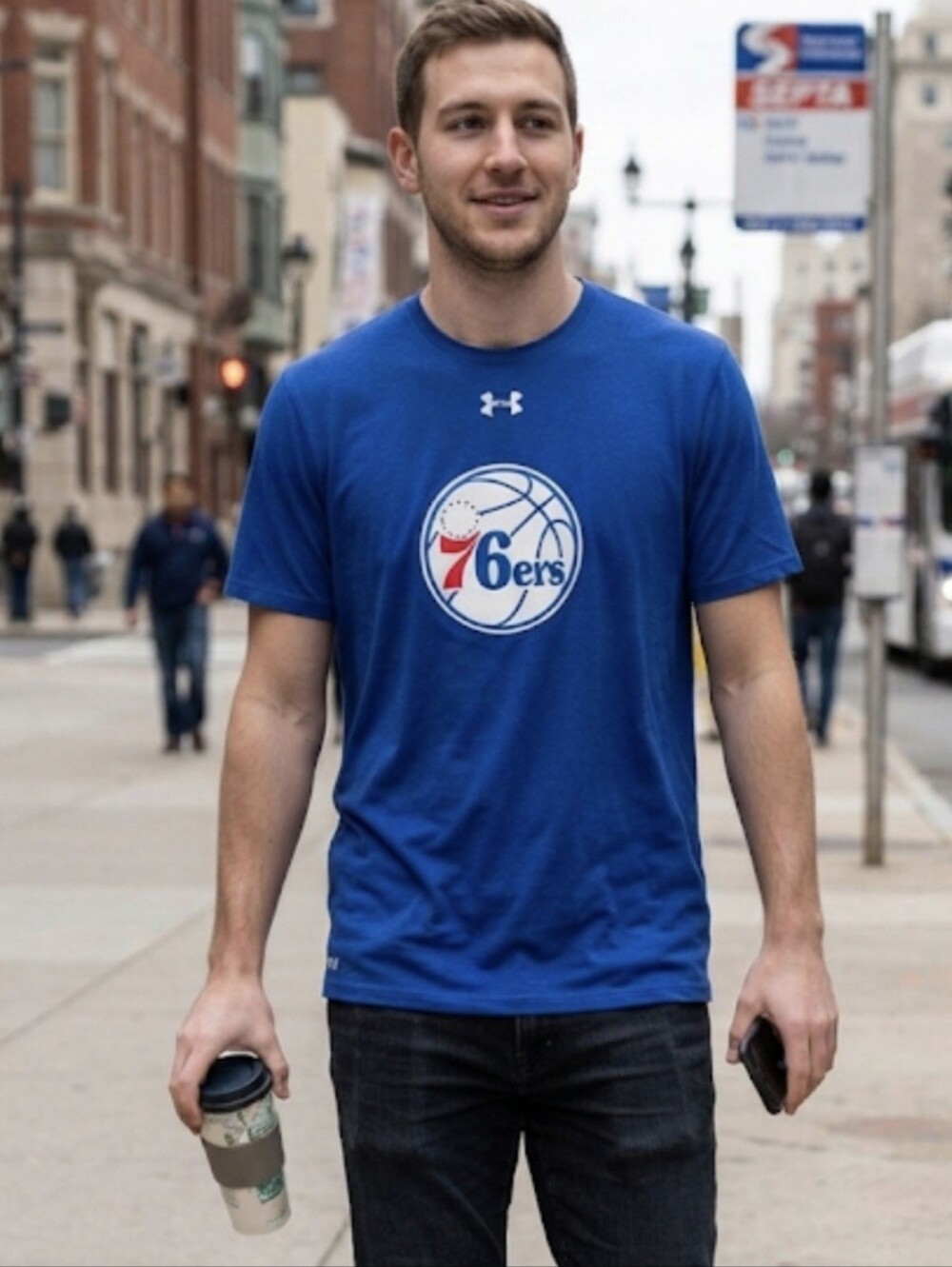 Under Armour Philadelphia 76ers NBA Combine Blue HeatGear T-Shirt Men's Sz M EUC